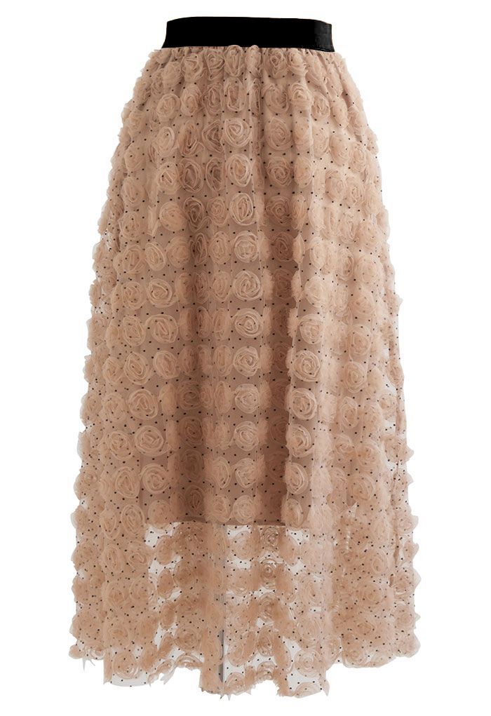 3D Rose Mesh Tulle Midi Skirt in Caramel