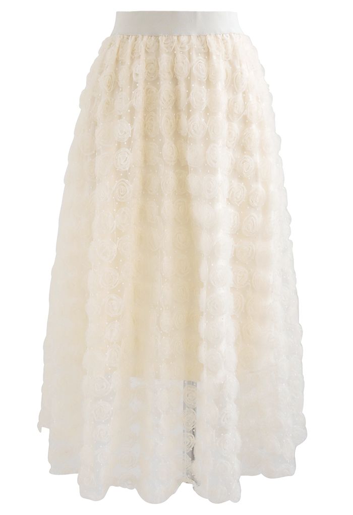 3D Rose Mesh Tulle Midi Skirt in Cream