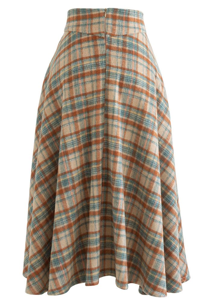 Multicolor Check Print Wool-Blend A-Line Skirt in Camel