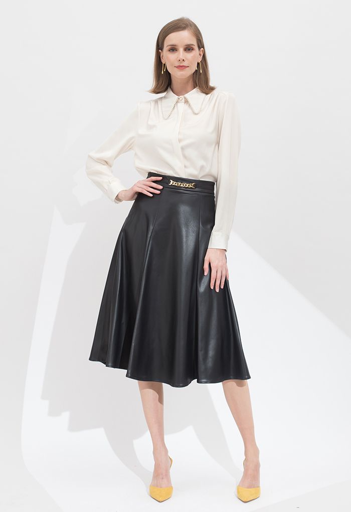 Metallic Chain Embellished Faux Leather Skirt in Black
