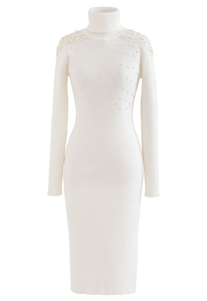 Pearl Decorated Turtleneck Bodycon Knit Dress in White