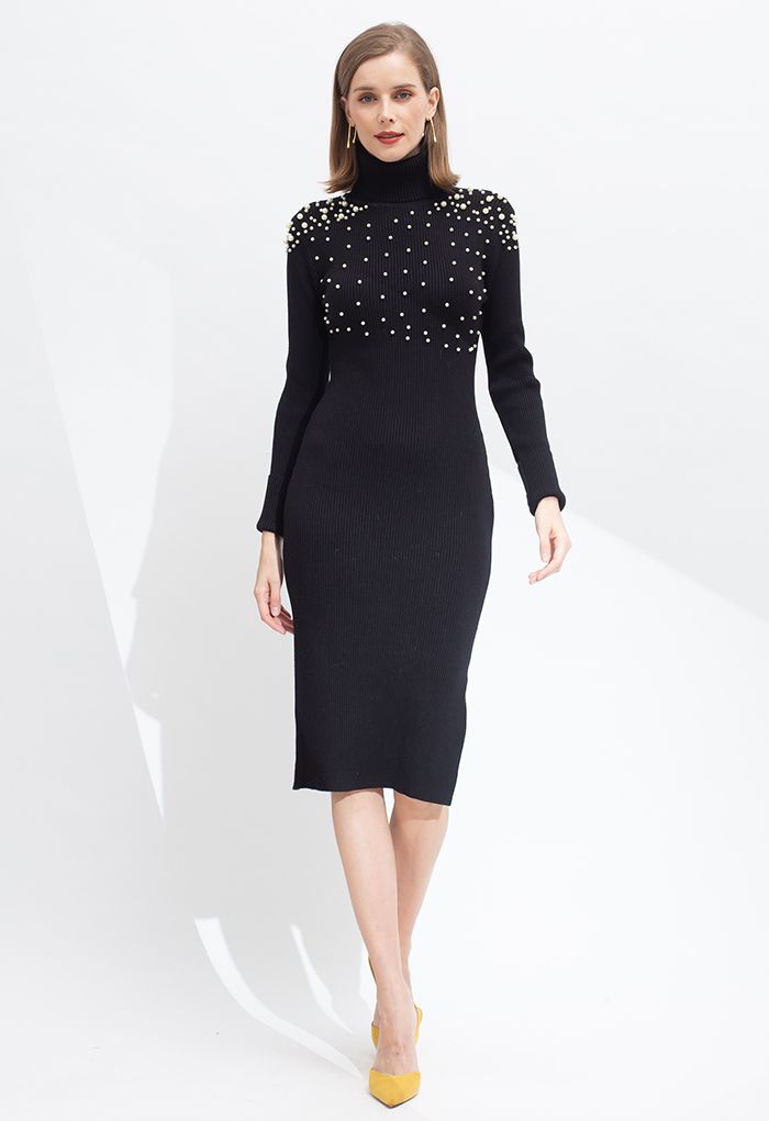 Pearl Decorated Turtleneck Bodycon Knit Dress in Black