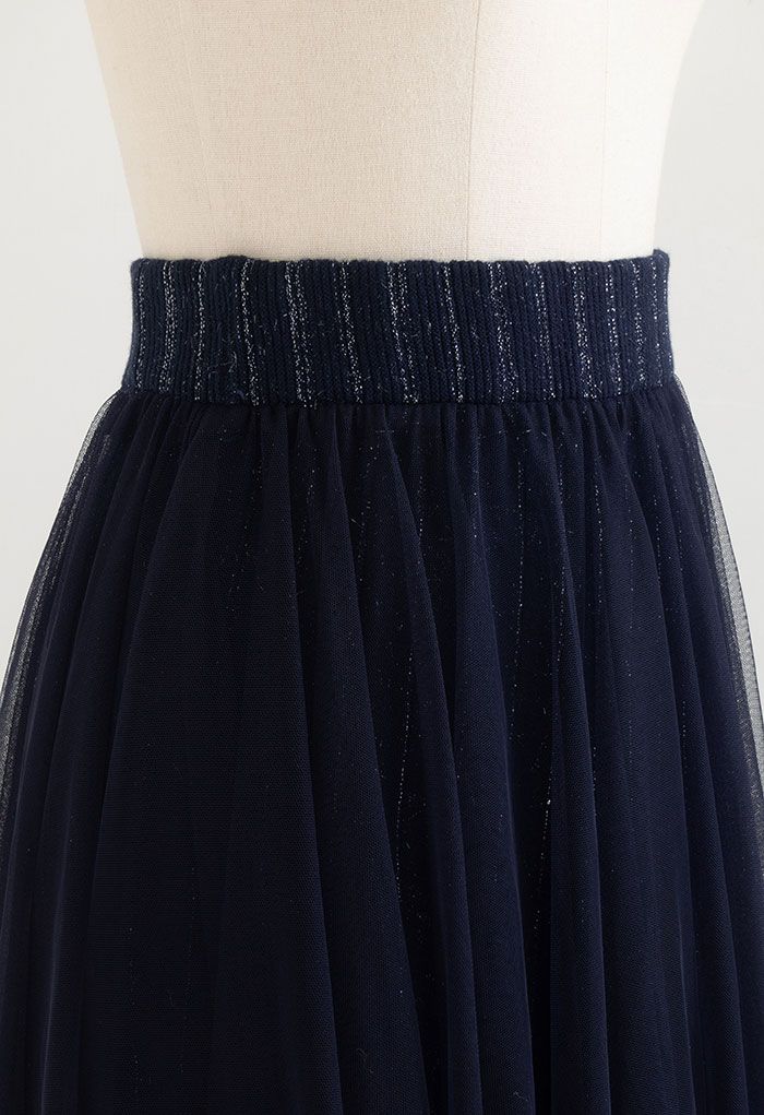 Reversible Shimmer Line Mesh Tulle Skirt in Navy