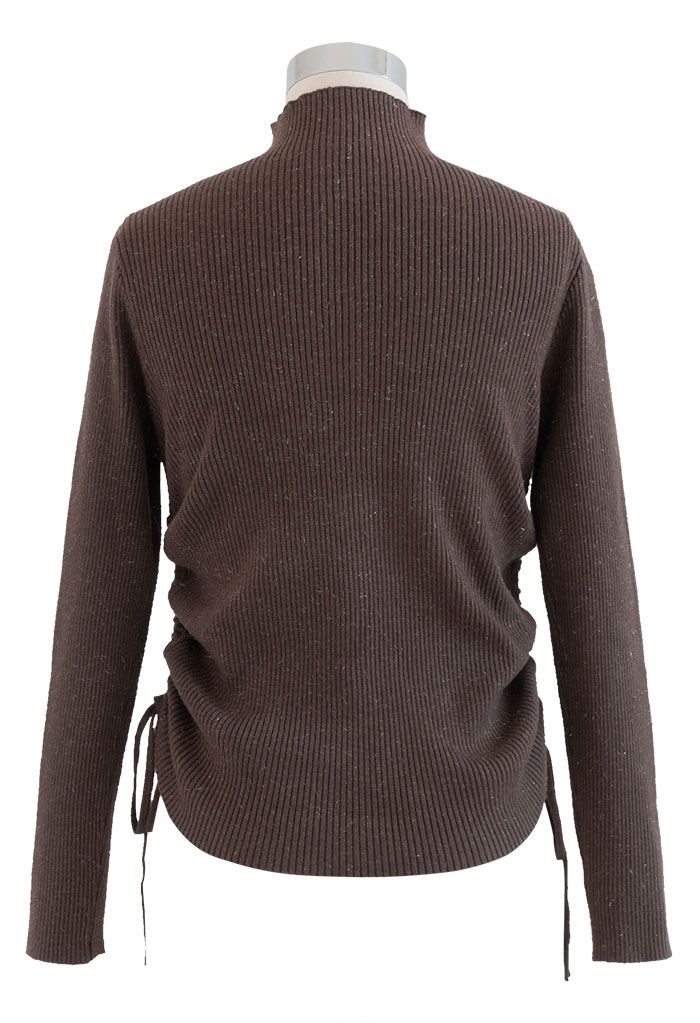 Side Drawstring Cutout Shimmer Knit Top in Brown