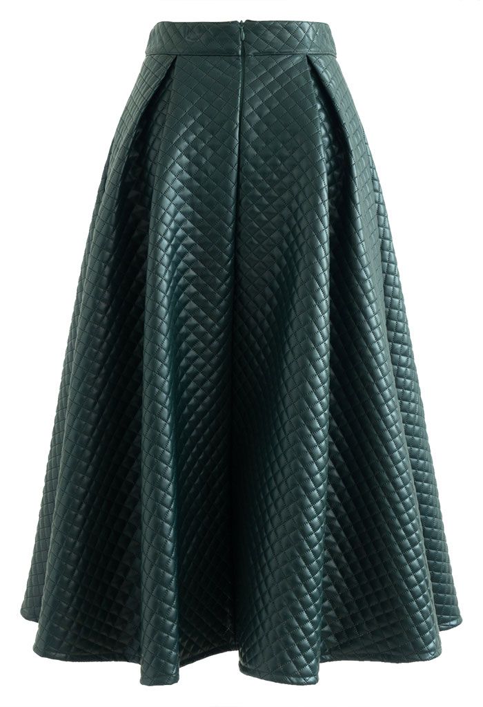 Classic Quilted Faux Leather Midi Skirt in Dark Green