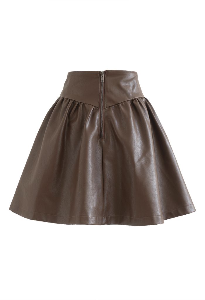 Zip-Up Faux Leather Flare Mini Skirt in Brown