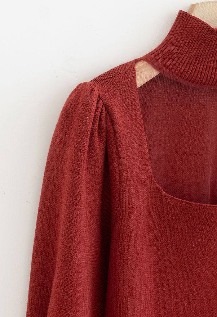 Mesh Spliced Puff Sleeve Knit Top in Red