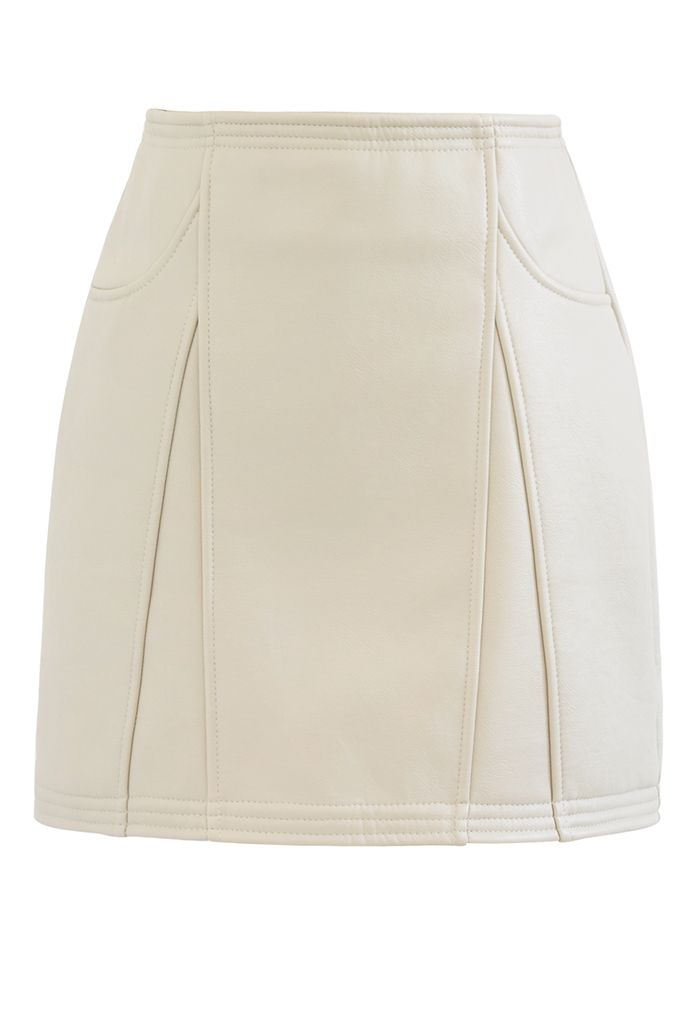 Seam Detailing Faux Leather Mini Skirt in Ivory