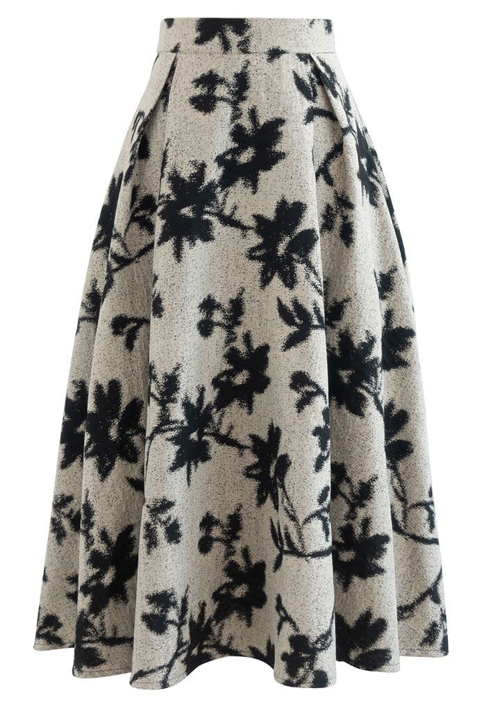 Black Flower Embossed Pleated Midi Skirt