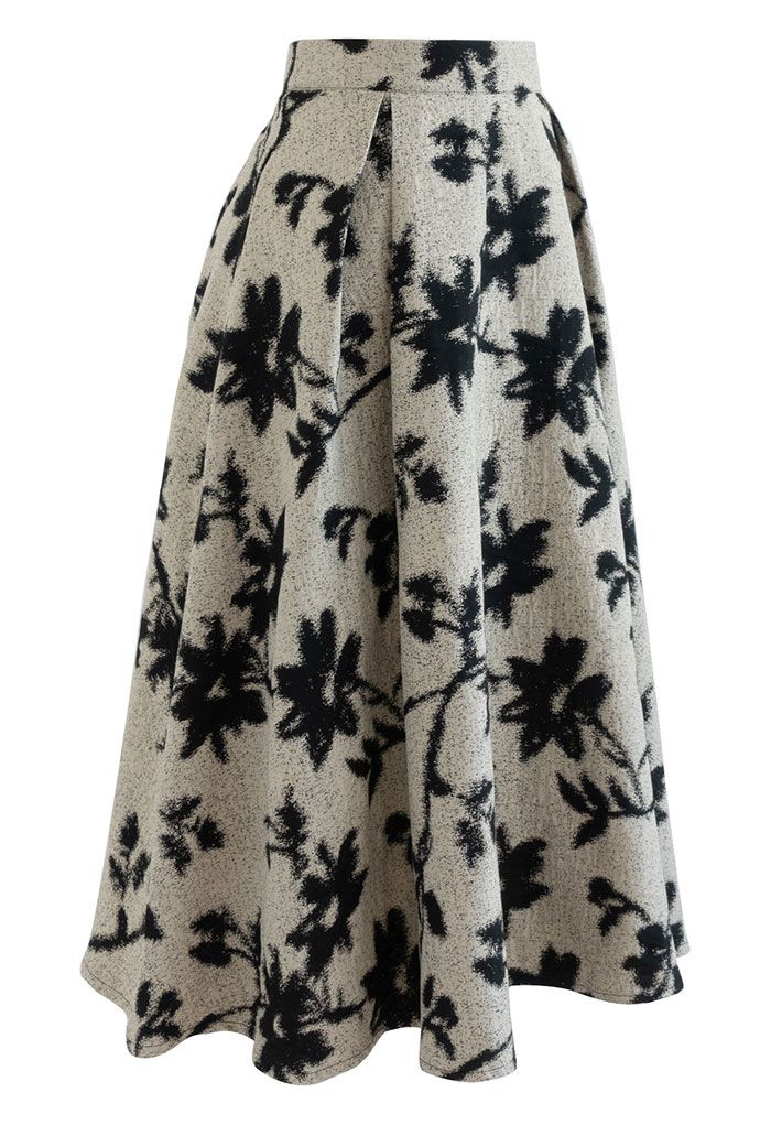 Black Flower Embossed Pleated Midi Skirt