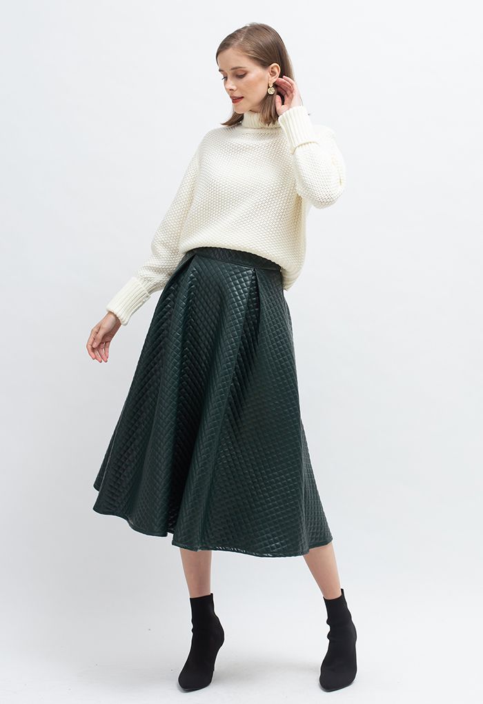 Classic Quilted Faux Leather Midi Skirt in Dark Green