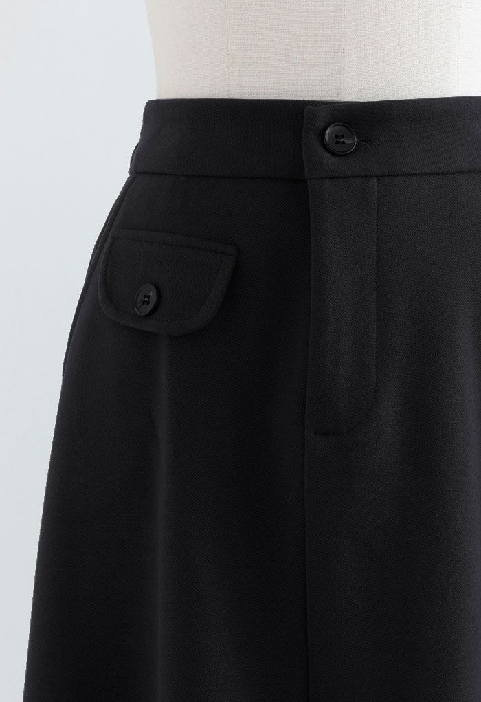 Fake Pocket Wool-Blend A-Line Skirt in Black