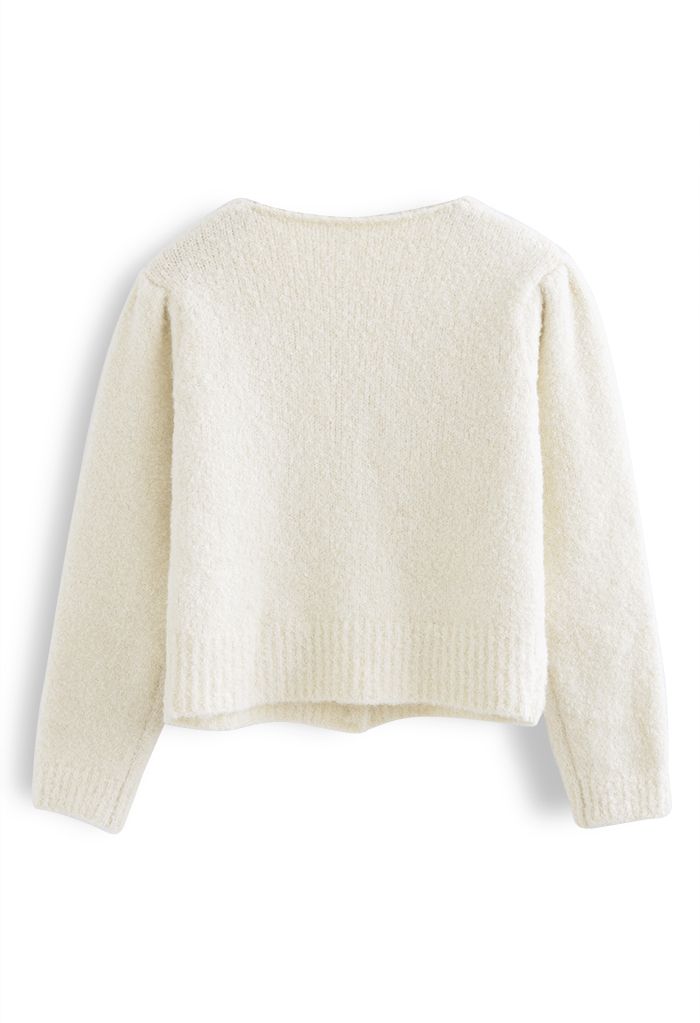 Button Front Fuzzy Knit Cardigan in Cream