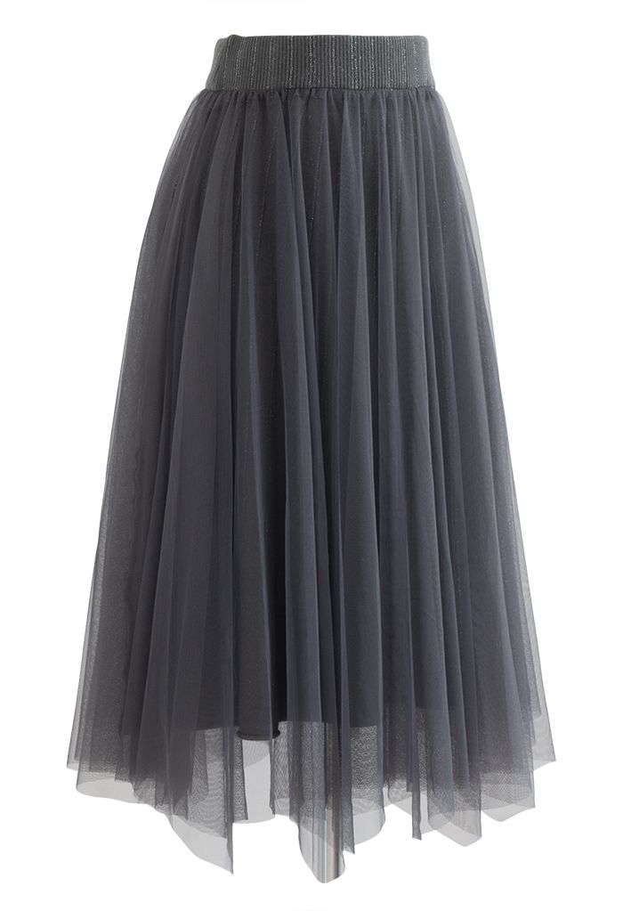 Reversible Shimmer Line Mesh Tulle Skirt in Grey