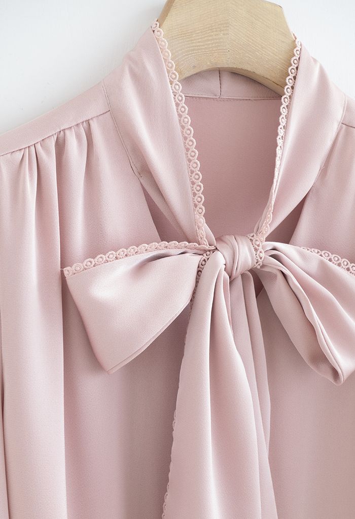 Lacy Edge Bowknot Textured Satin Top in Dusty Pink