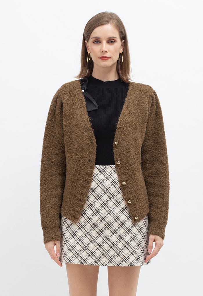 Button Front Fuzzy Knit Cardigan in Brown
