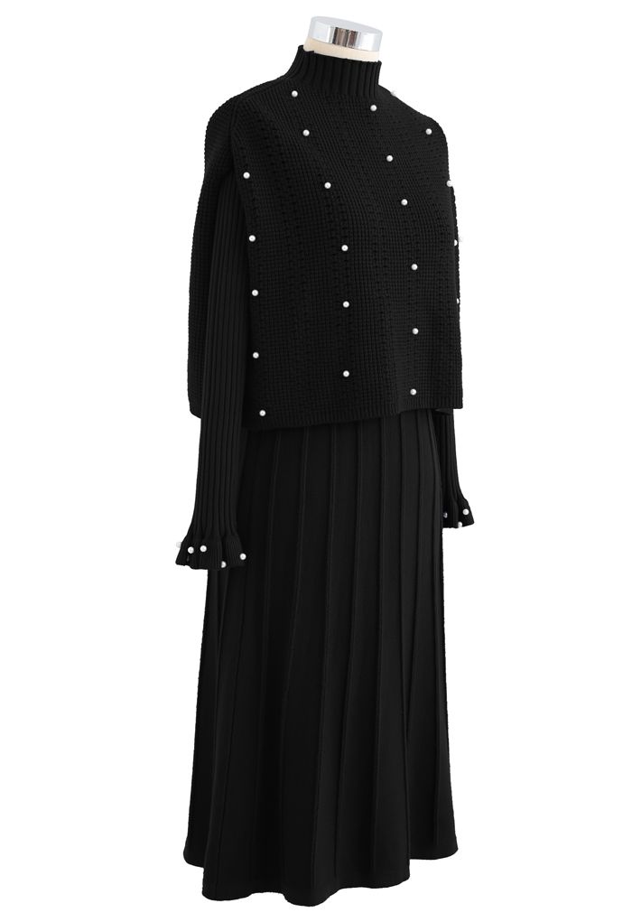 Pearl Trim Pleated Knit Twinset Dress in Black