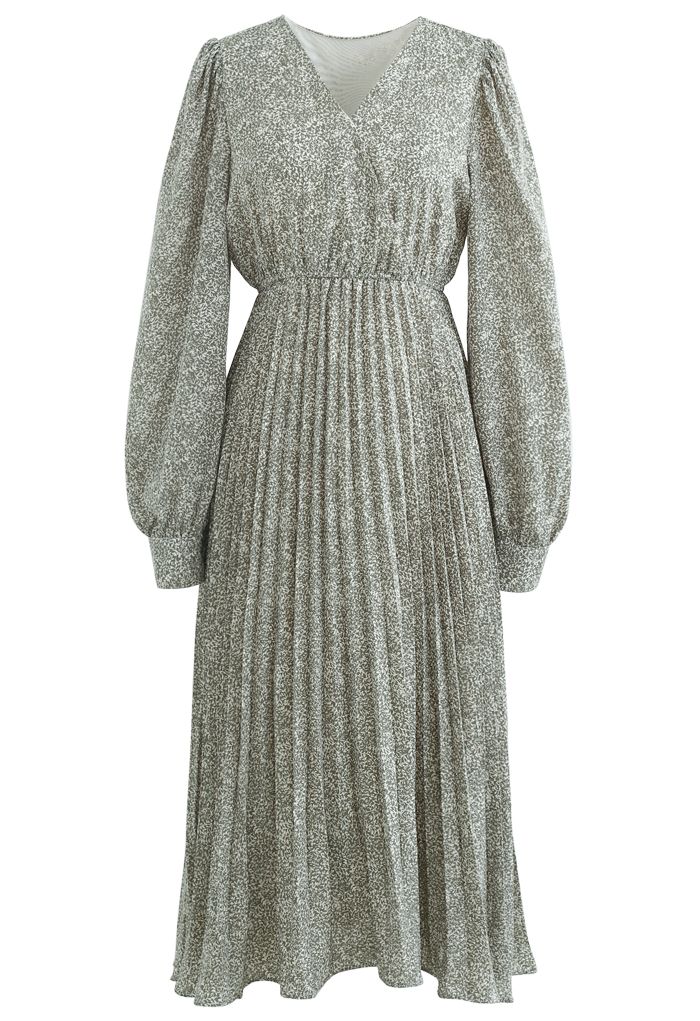 Graceful Floret Wrap Pleated Dress in Olive