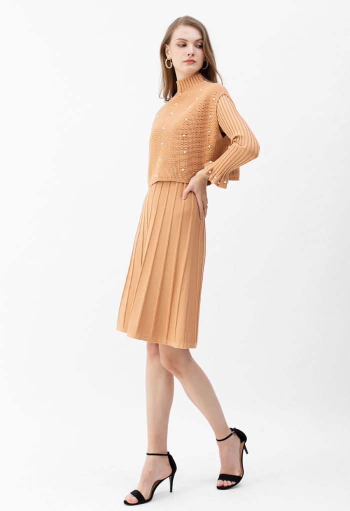 Pearl Trim Pleated Knit Twinset Dress in Apricot