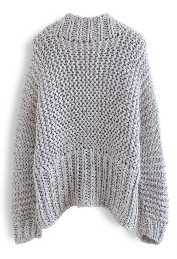 Solid Color Hand-Knit Chunky Cardigan in Grey