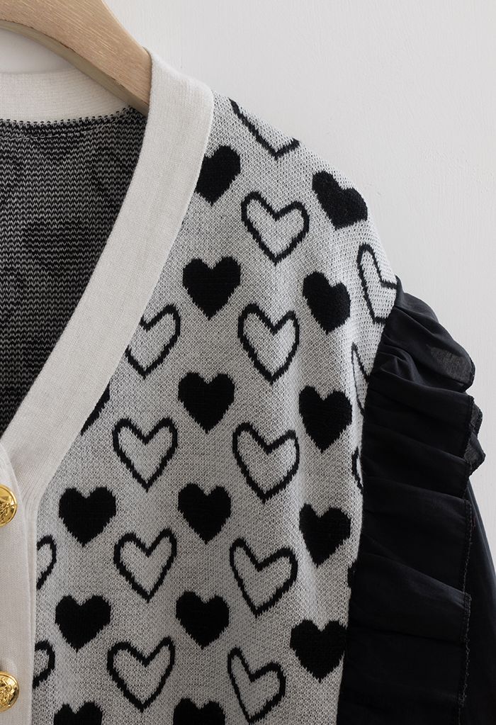 Ruffle Chiffon Sleeves Heart Print Knit Spliced Top in Ivory