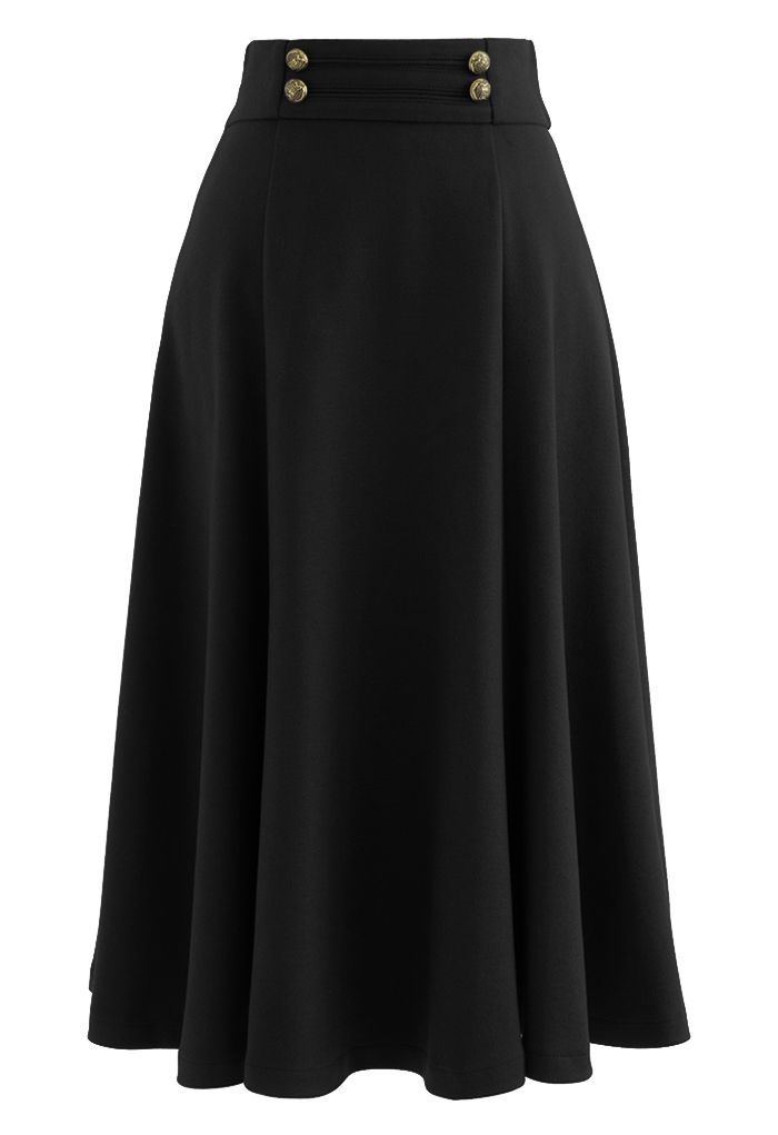 Buttoned Waist Wool-Blend Flare Skirt in Black