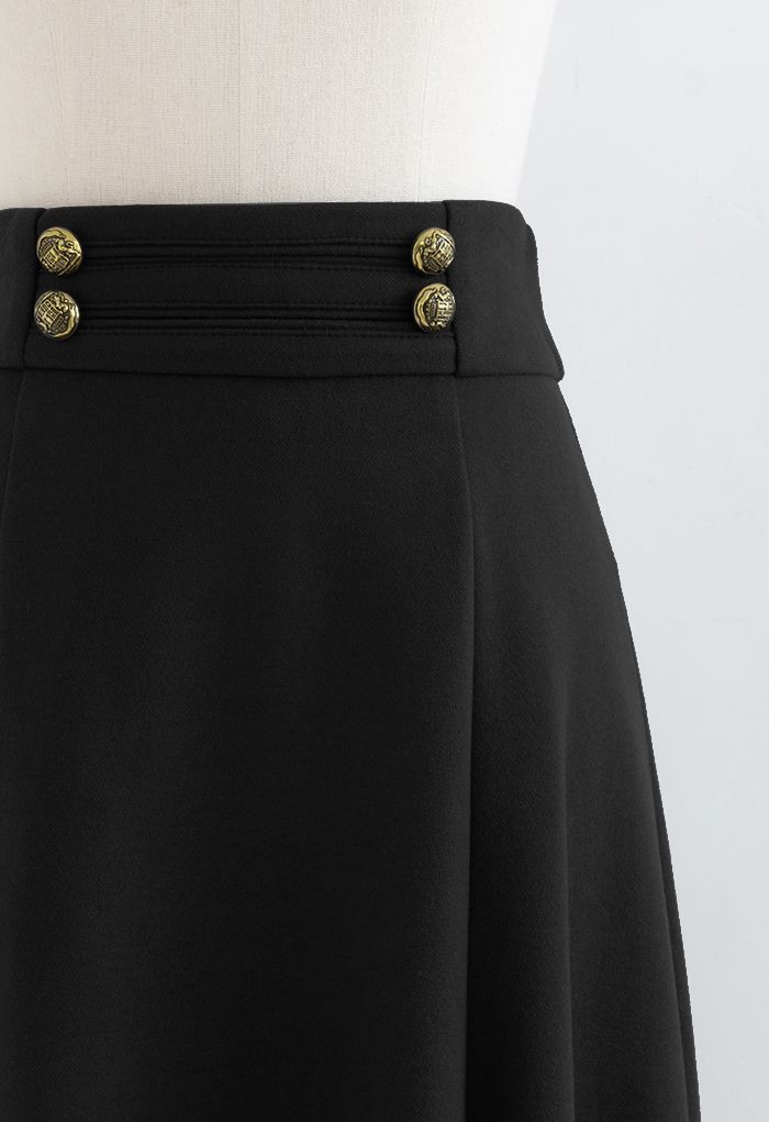 Buttoned Waist Wool-Blend Flare Skirt in Black