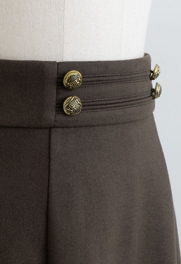 Buttoned Waist Wool-Blend Flare Skirt in Brown