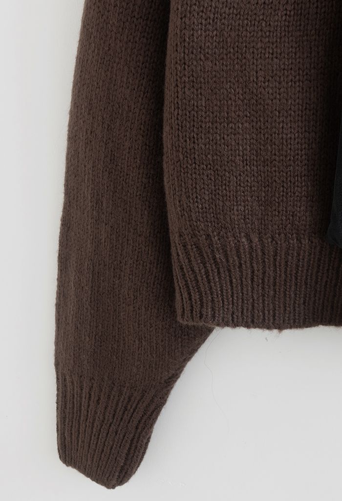 Velvet Bowknot Cropped Knit Sweater in Brown