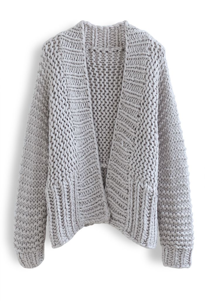 Solid Color Hand-Knit Chunky Cardigan in Grey
