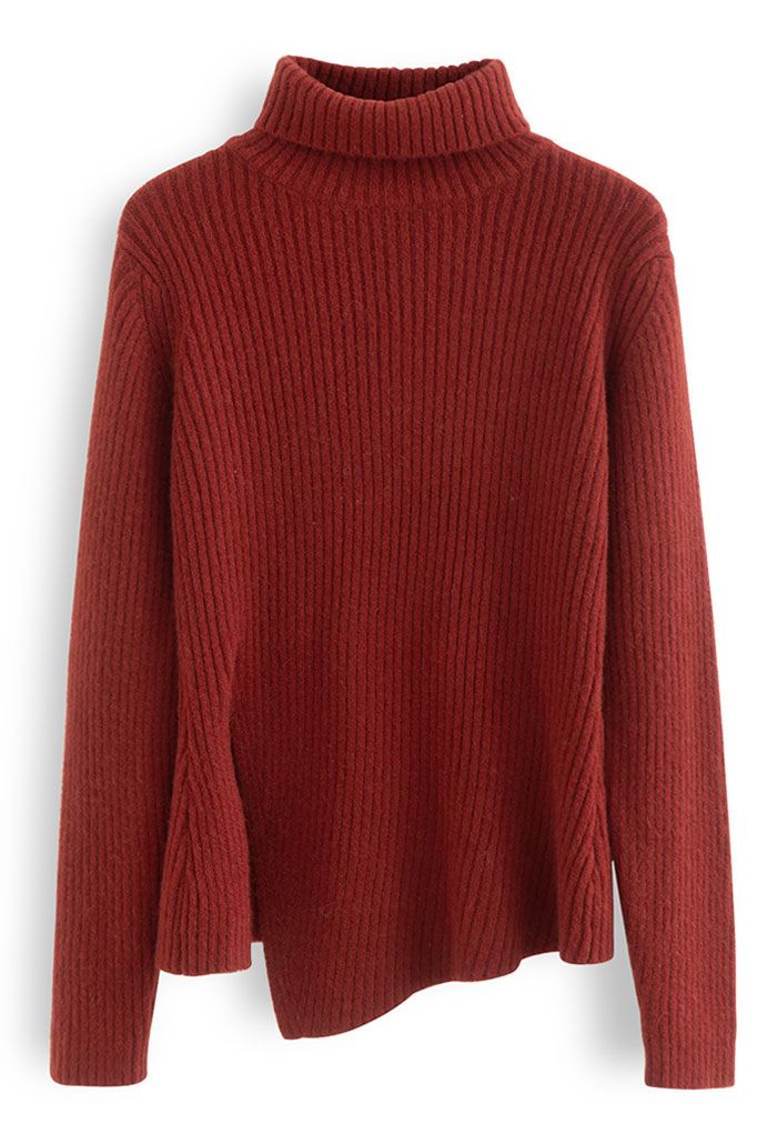 Turtleneck Asymmetric Split Hem Knit Sweater in Red
