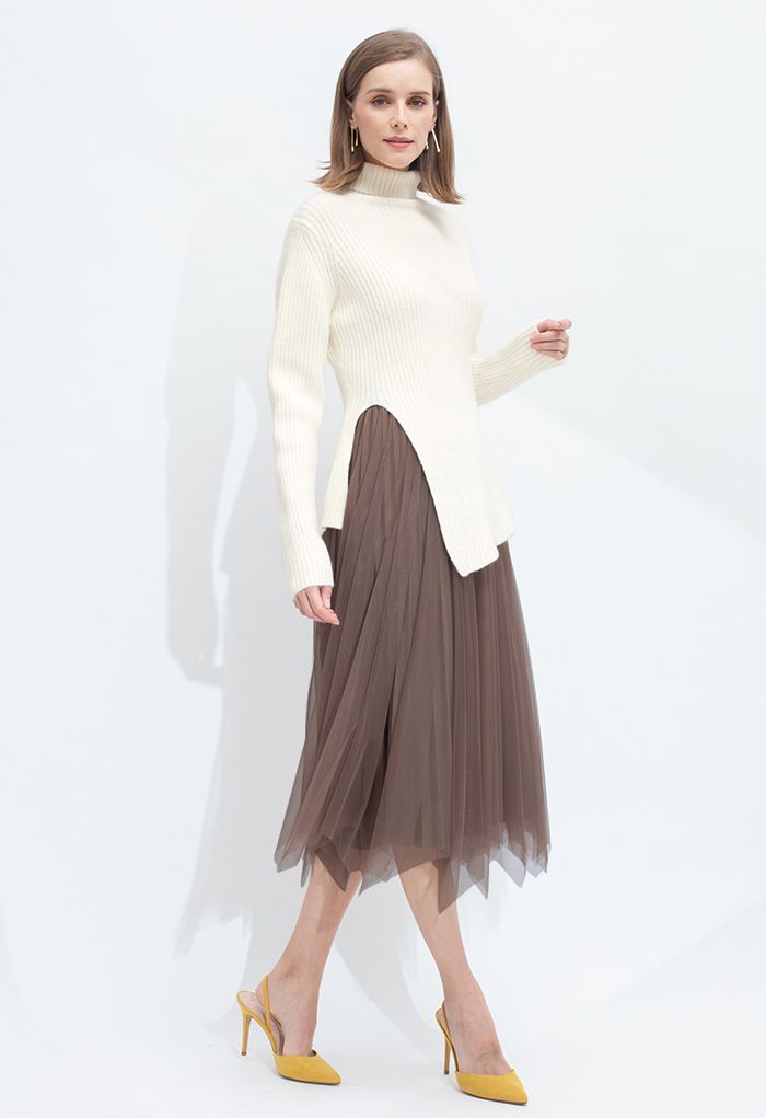 Reversible Shimmer Line Mesh Tulle Skirt in Caramel