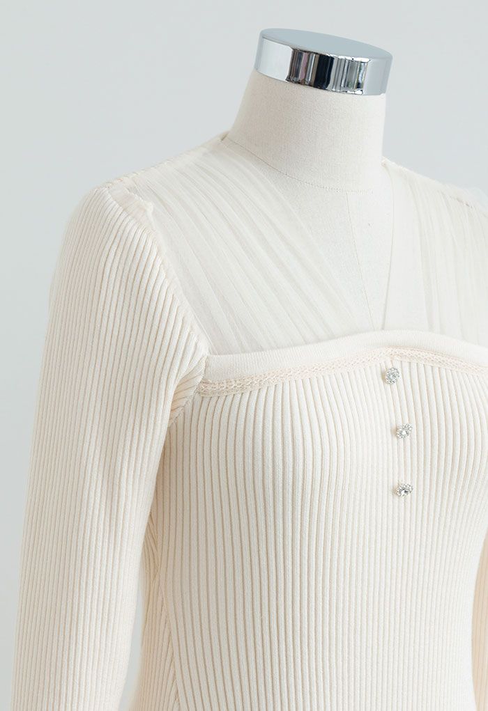 Ruched Mesh V-Neck Knit Midi Dress in Cream