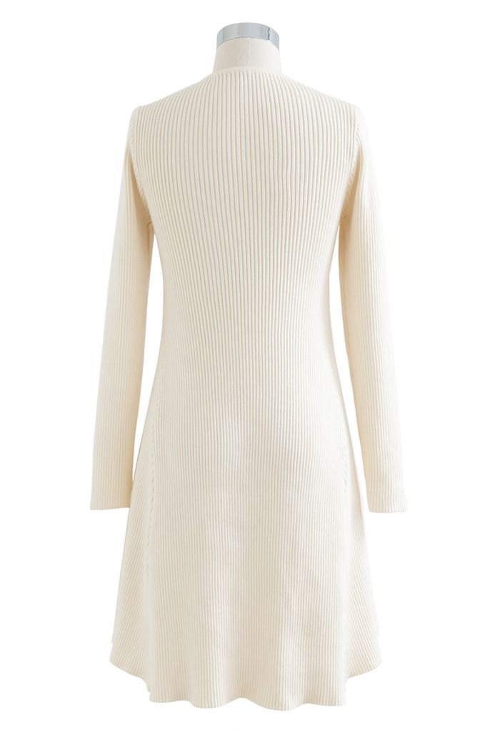 Ruched Mesh V-Neck Knit Midi Dress in Cream