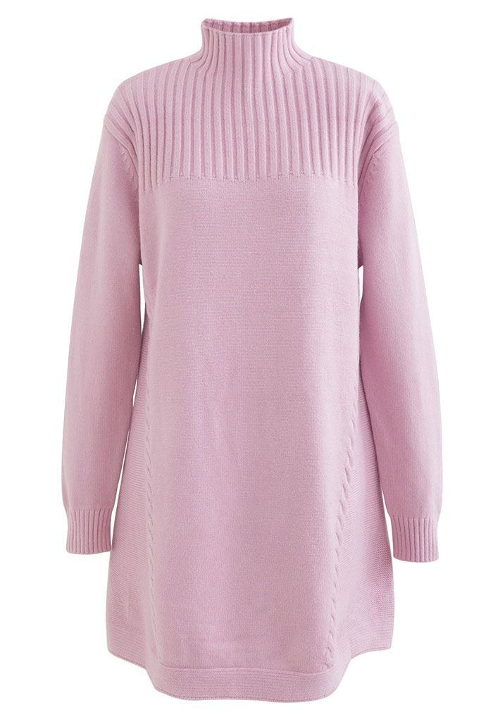 Braided Side High Neck Longline Sweater in Pink