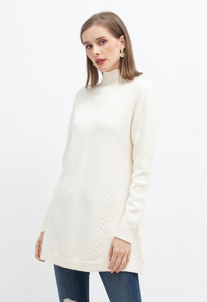 Braided Side High Neck Longline Sweater in Ivory