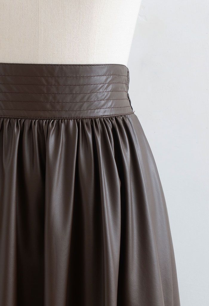 Stitched Waist Faux Leather Midi Skirt in Brown