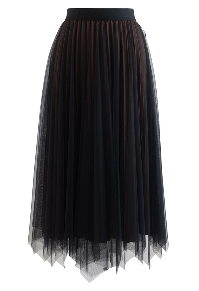 Reversible Asymmetric Mesh Pleated Midi Skirt in Caramel
