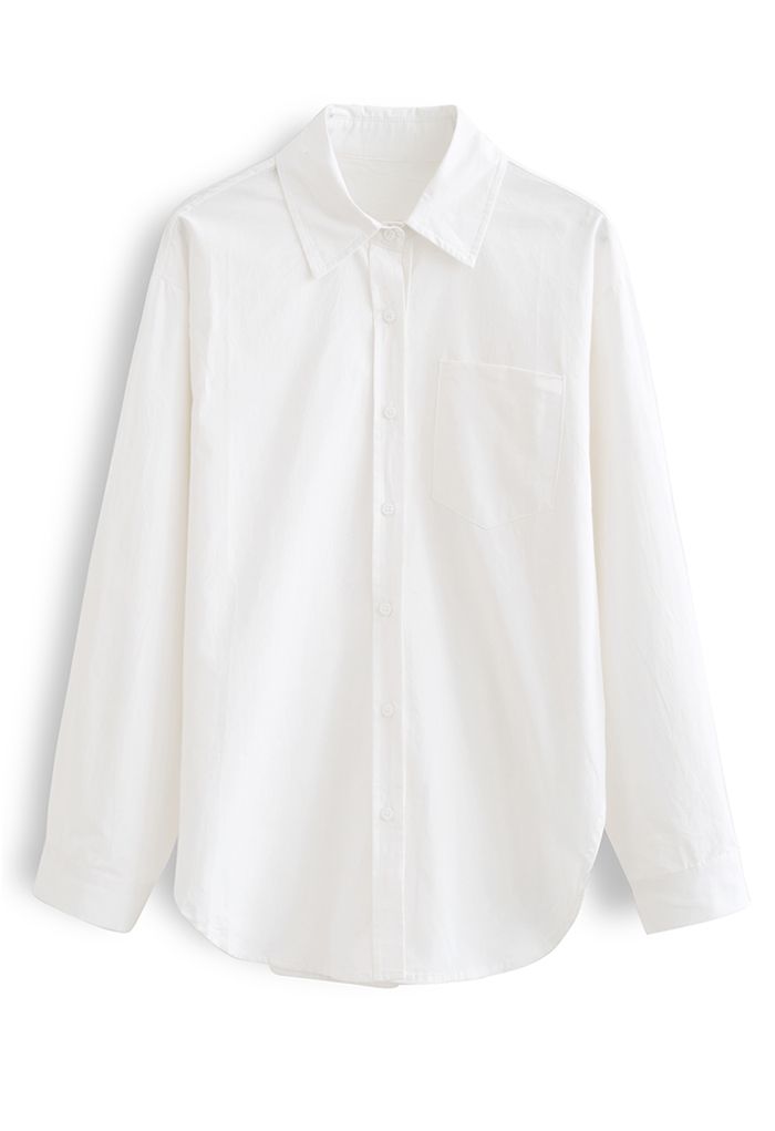 Button Down Dolphin Hem Cotton Shirt in White