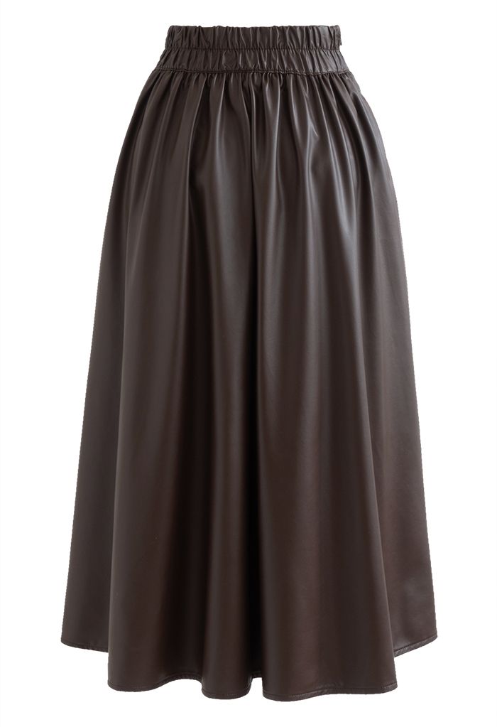 Stitched Waist Faux Leather Midi Skirt in Brown
