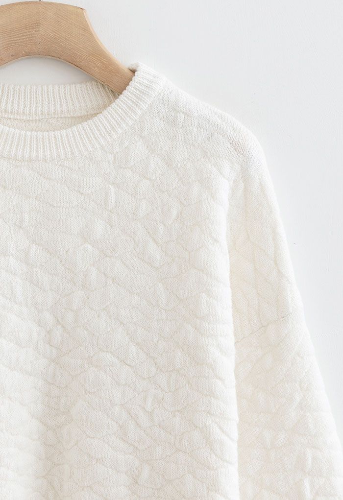 Embossing Texture Flare Sleeve Crop Knit Sweater in White
