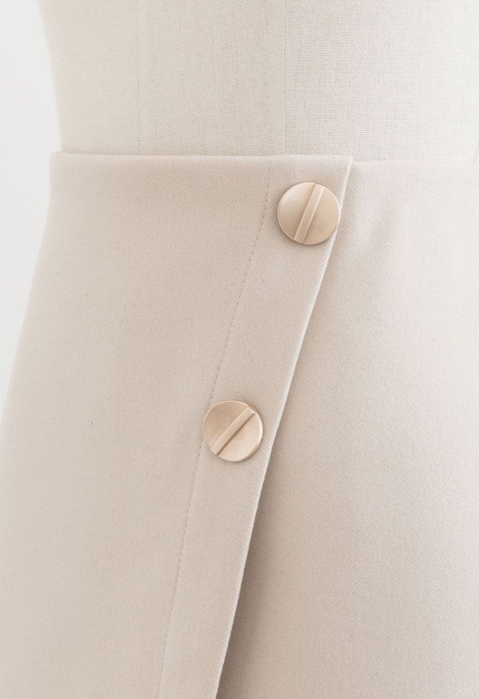 Double Buttons Flap Wool-Blend Mini Skirt in Ivory