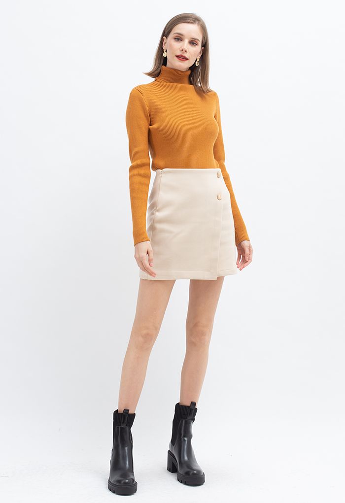 Double Buttons Flap Wool-Blend Mini Skirt in Ivory