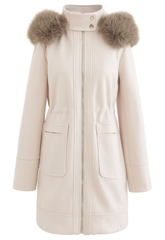 Faux Fur Hooded Wool-Blend Zipper Coat