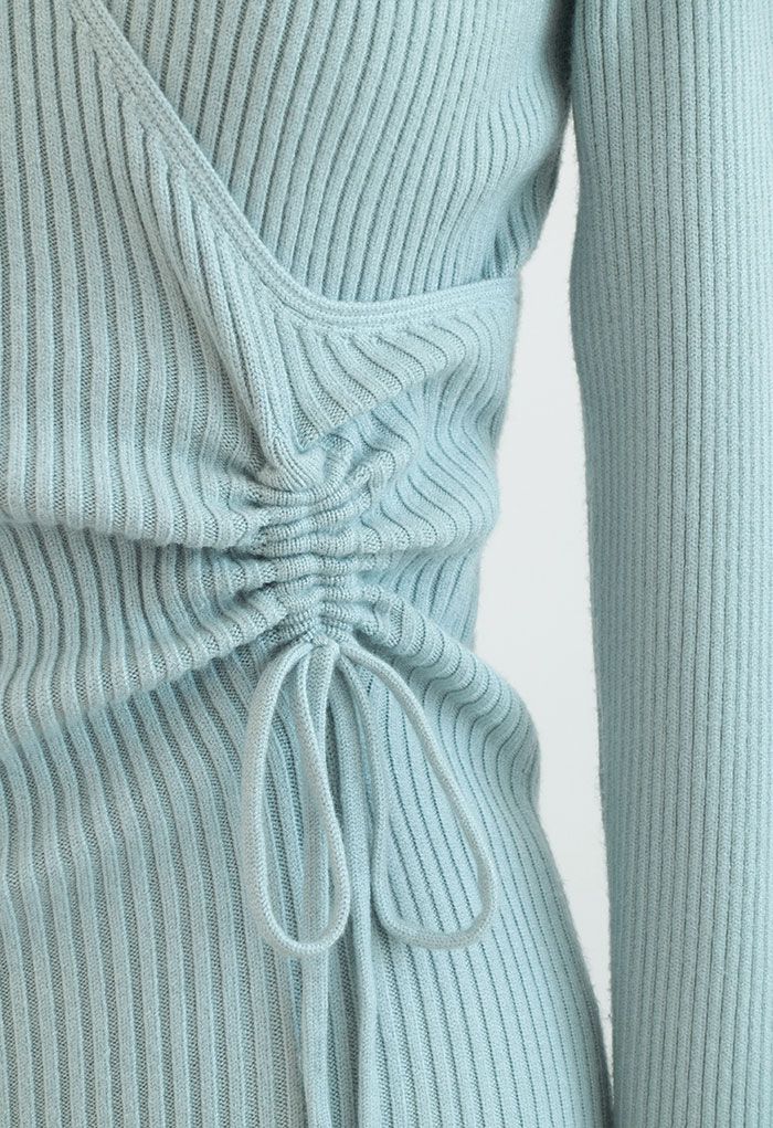 Drawstring Side Wrap Bust Knit Midi Dress in Dusty Blue