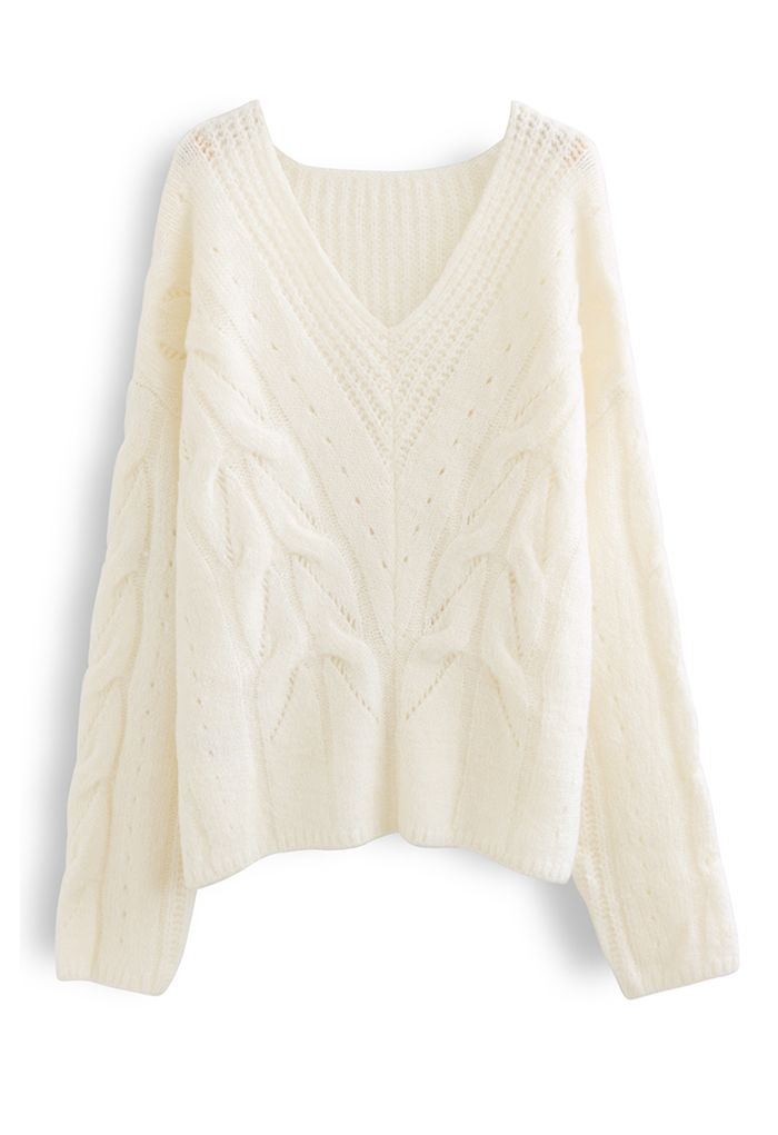 Hollow Out V-Neck Chunky Knit Sweater in White