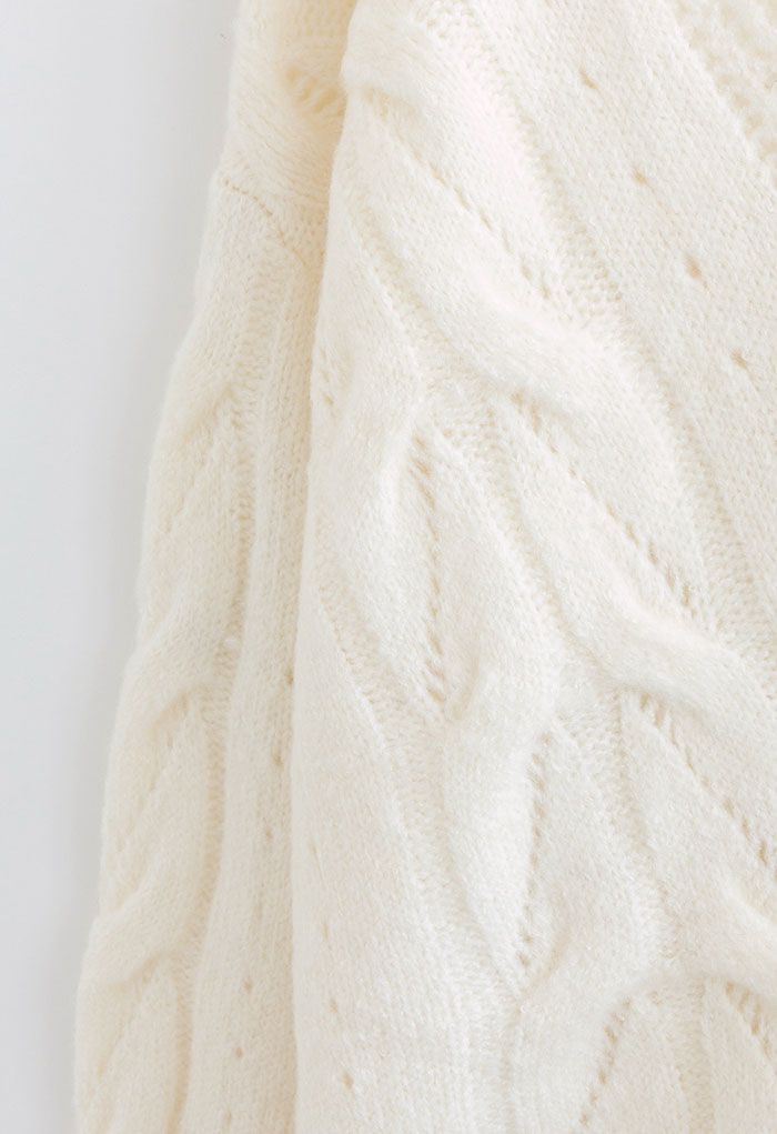 Hollow Out V-Neck Chunky Knit Sweater in White
