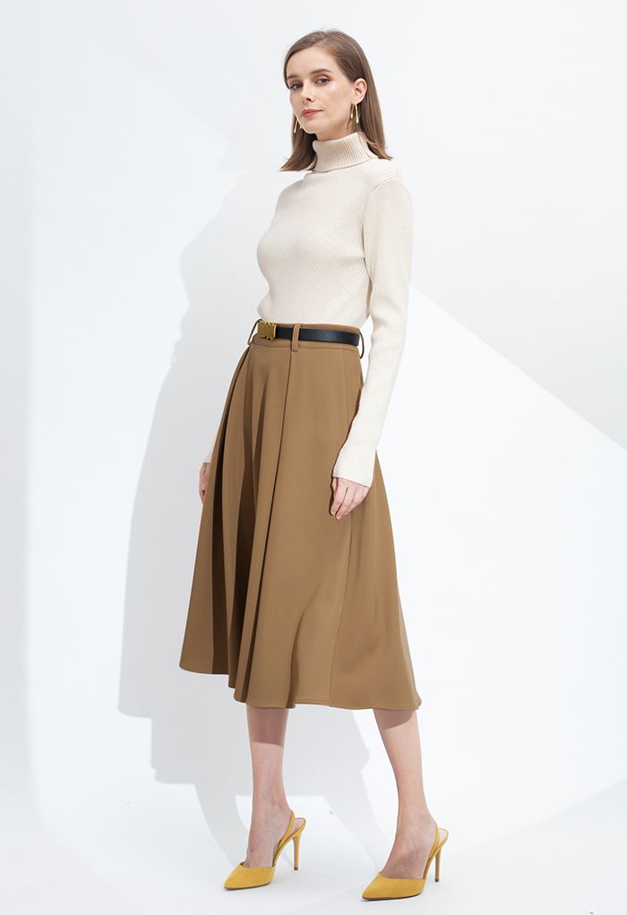 Versatile A-Line Belted Midi Skirt in Tan