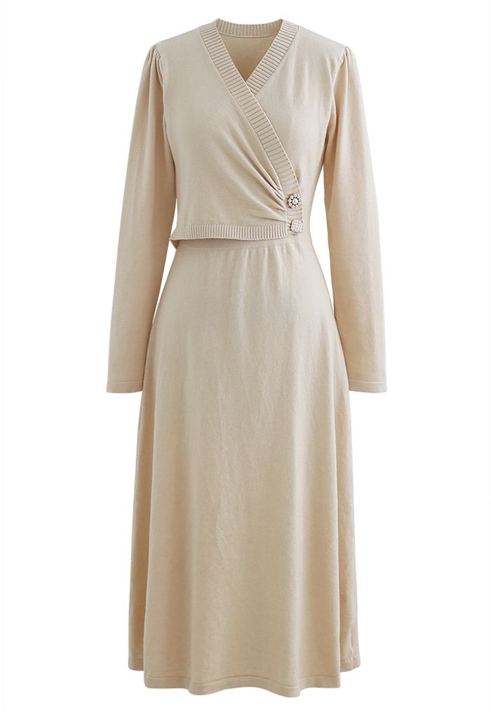 Pearl Button Wrap Knit Midi Dress in Cream