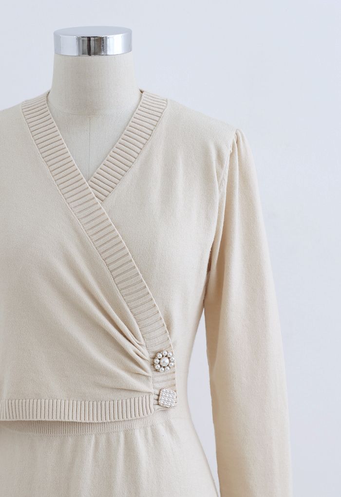 Pearl Button Wrap Knit Midi Dress in Cream